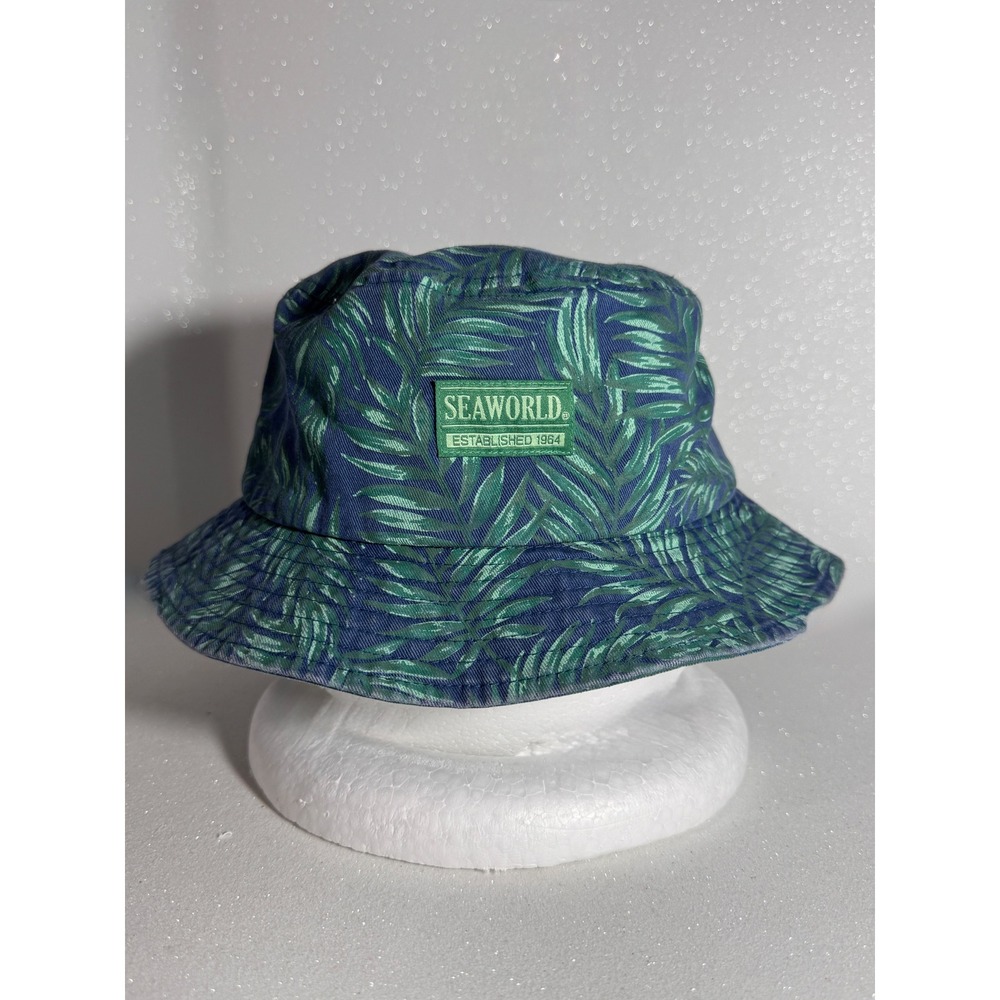 SeaWorld Navy Blue Green Tropical Palm Leaf Bucket Hat 100% Cotton Est 1964